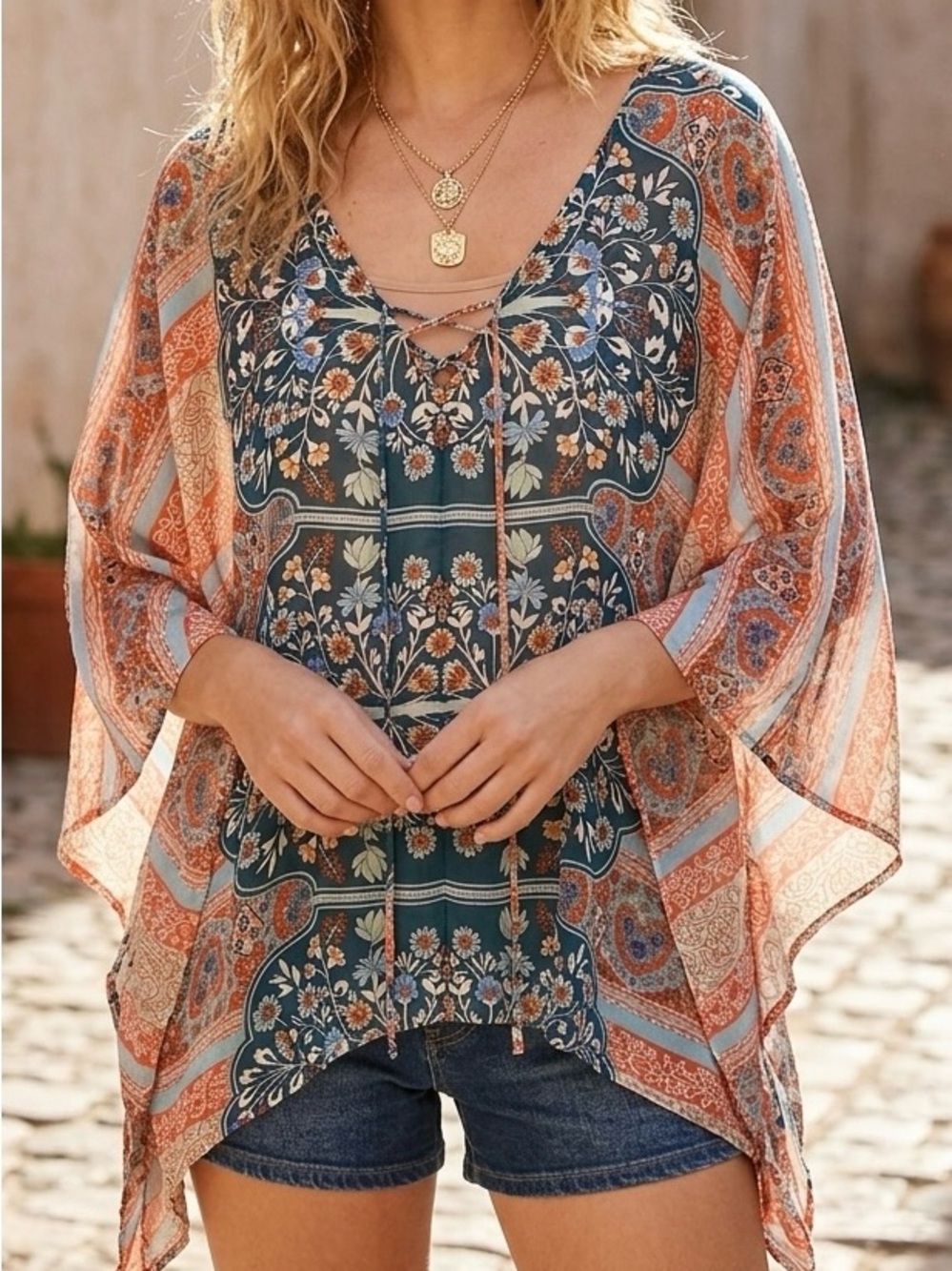 West Kei Teal & Coral Paisley Floral Tie-Front Tunic poncho
